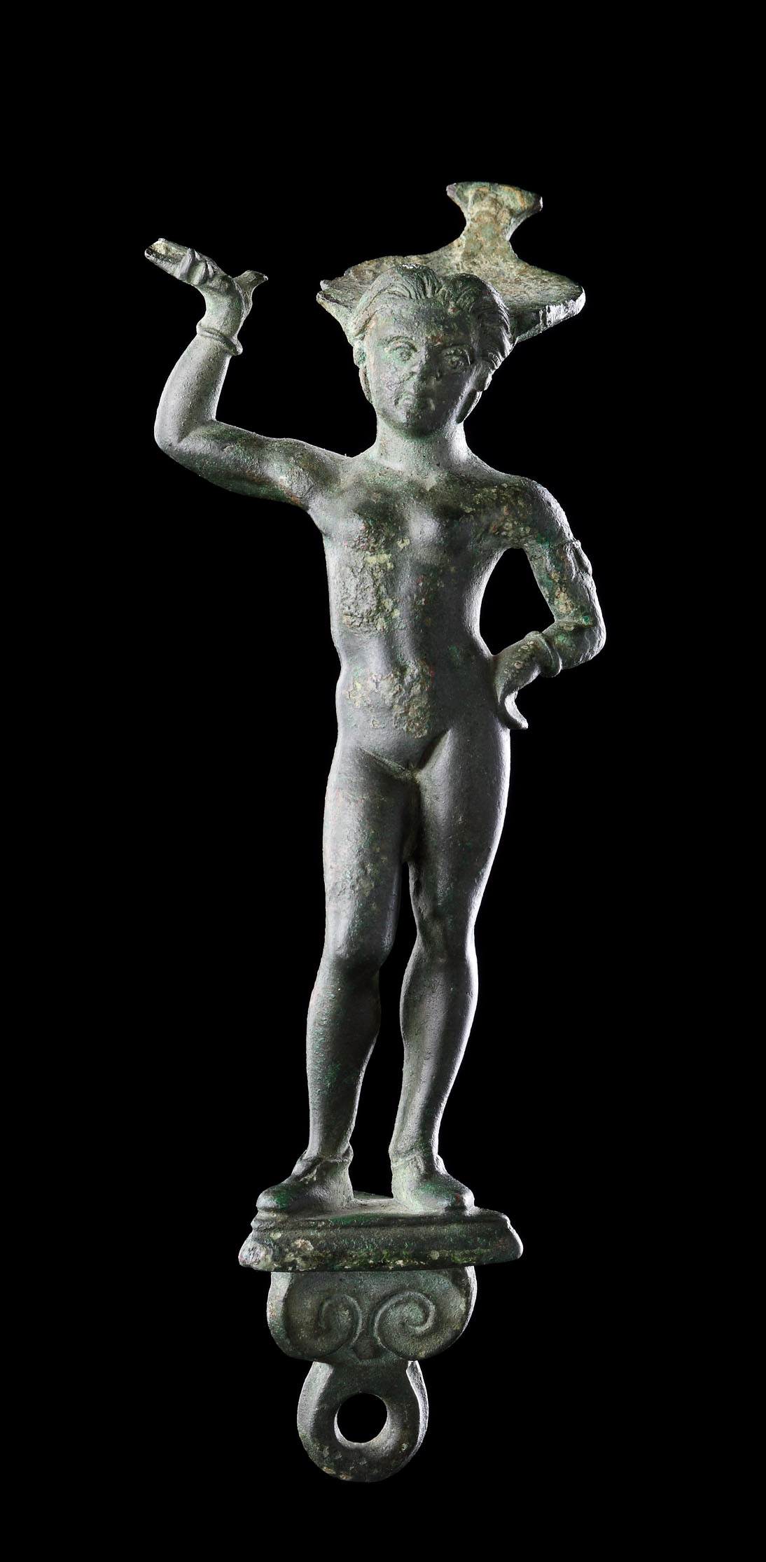A Fine Ancient Etruscan Faliscan Bronze Patera Handle Depicting a Youthful Female Naked Except for Her Soft Slippers
